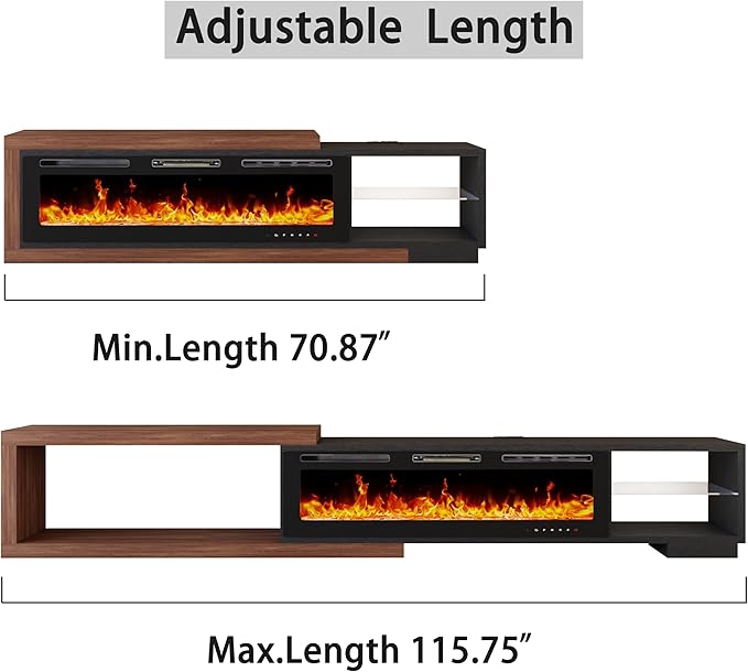 Extendable TV Stand with 50" Electric Fireplace, 71"-116" Long TV Console for Up to 120 Inch TV, Modern LED Entertainment Center with Glass Shelf for Living Room Bedroom, Black & Walnut