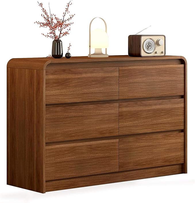Modern 6 Drawer Dresser, 47-Inch Wood Chest of Drawers, Curved Anti-Collision Design, Mid-Century Storage Cabinet, Pre-Embedded Slots, Natural Texture, for Bedroom, Living Room, TV Stand, Nursery