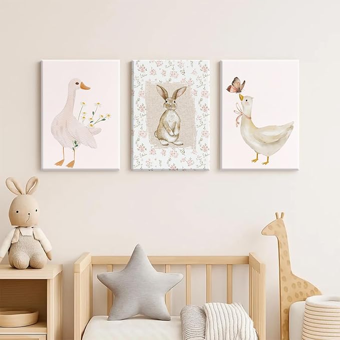 Vintage Nursery Wall Art Goose Canvas Poster Coquette Wall Decor Baby Girl Painting Kids Poster Bunny Rabbit Prints Cute Animal Pictures Duck Artwork for Bedroom Living Room 12x16x3 Inch Ready to Hang