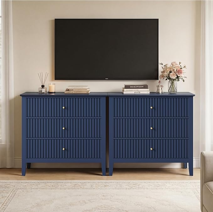 RoyalCraft 32" Large Nightstand, Fluted Painted Wood Dresser with 3 Spacious Drawers, Blue Modern Bedside Table for Bedroom