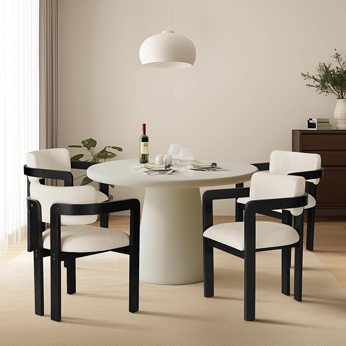 SIMTONAL Soild Wood Boucle Dining Chairs Set of 2-Black Accent Chairs with Arms, Soft Linen Fleece Upholstered Armchairs for Kitchen Dining Living Room