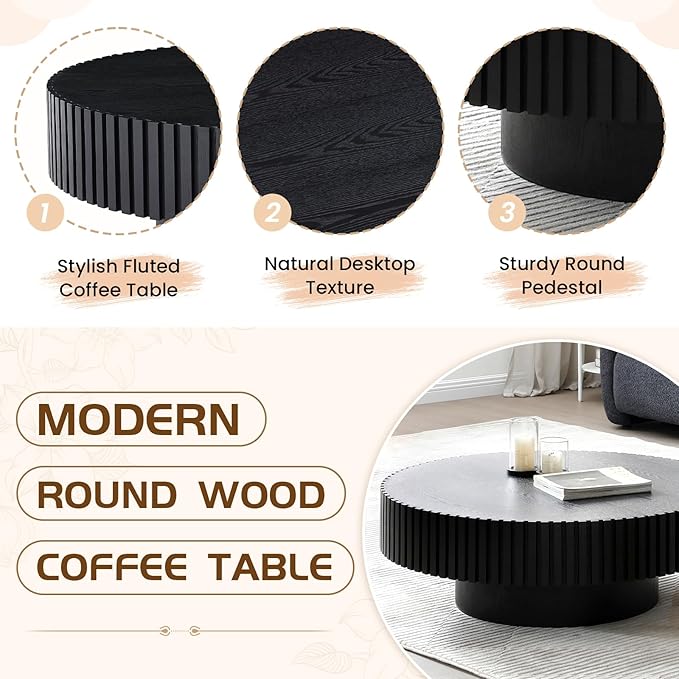 31.49" Round Coffee Table Wood, Modern Circle Drum Fluted Coffee Table for Living Room, Contemporary Low Center Tea Table Side Table for Small Apartment, Farmhouse, Office, Mesa De Cafe, Black