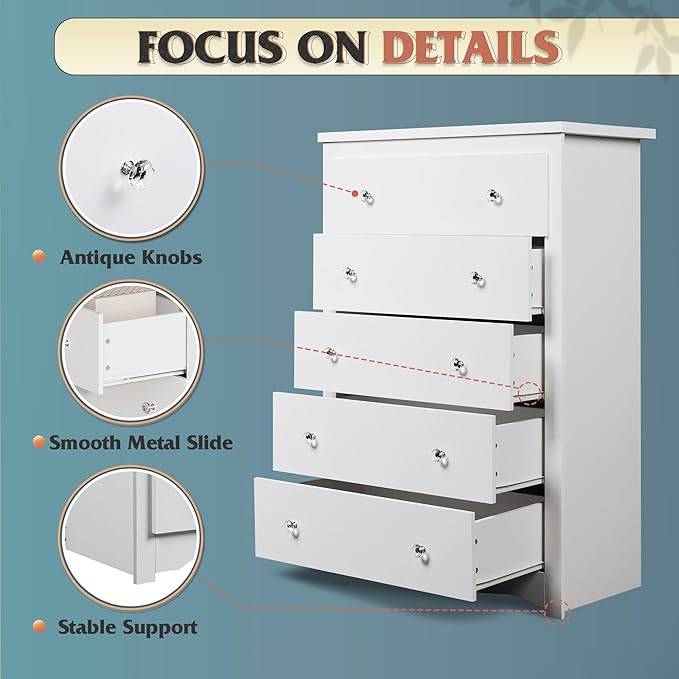 WLIVE White Dresser for Bedroom, 45" Tall 5 Drawers Wooden Chest of Drawers, Storage Cabinet and Organizer Drawers for Living Room, Hallway, Closet