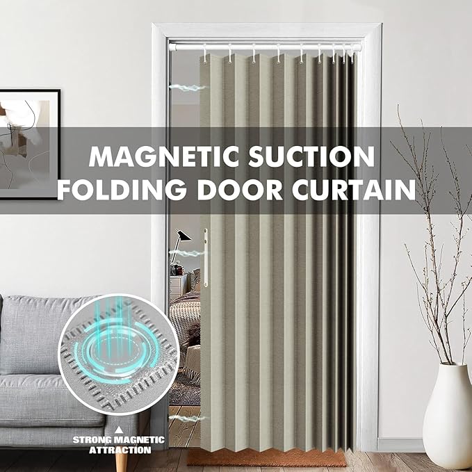 JILRON 100% Blackout Fabric Folding Door Curtain with Magnetic Closure - Accordion Style for Sliding Doors, Closets,Wardrobe and Temporary Door Solutions Doorway Curtains（W42 x L78, Off White 1 Panel）