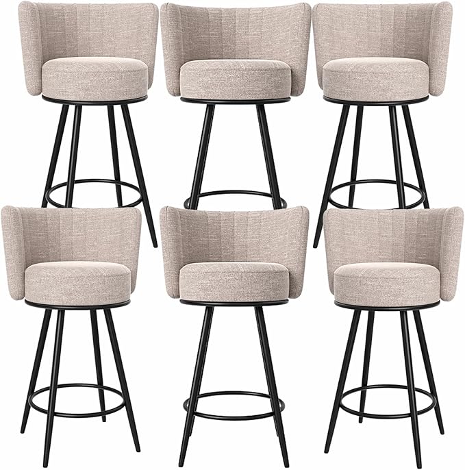 HONIFUR Bar Stools Set of 6, 27" Tufted Modern Counter Height Bar Stools, Upholstered Barstools with Back & Footrest Metal Legs, Stools for Kitchen Island, Counter, Cafes, Dining Room (Beige)