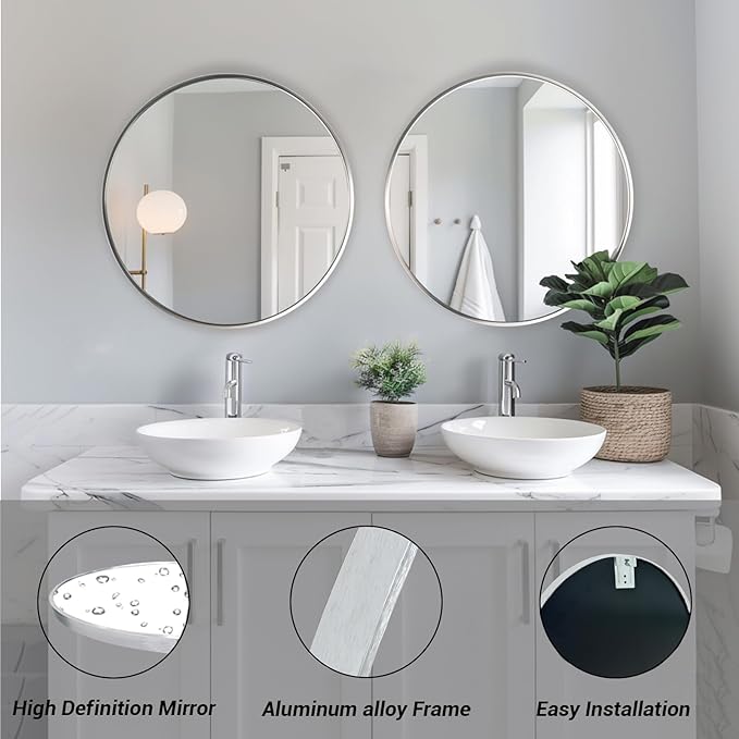 Sunniry Silver Round Mirror 24 inch, Circle Mirror with Metal Frame, Silver Circle Mirrors for Living Room, Bathroom, Wall, Hallway.