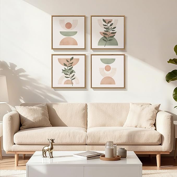 Framed Boho Abstract Wall Art, 4 Piece Pink Green Botanical Plant Modern Pictures Decor, Minimalist Farmhouse Geometric Mid Century Painting Prints for Bathroom Living Room Bedroom 12x12 Inch