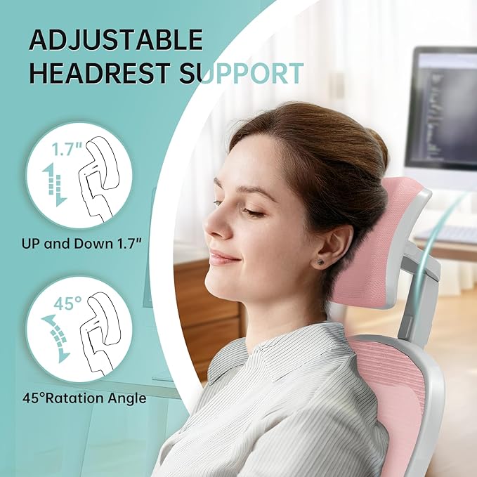 Office Chair Ergonomic Desk Chair, 330LBS Capacity, High Back Computer Design for Long Hours Comfort, Rolling Swivel Executive Task for Home Office with Flip-up Armrests, Grey Pink