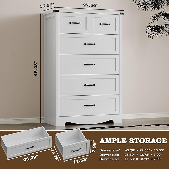 BORNOON Tall 6-Drawer Dresser for Bedroom, Modern Wooden Chest of Drawers with Metal Handles, Anti-Tipping Design, Sturdy and Stable Storage Organizer for Living Room, Entryway, Home Office, Standard