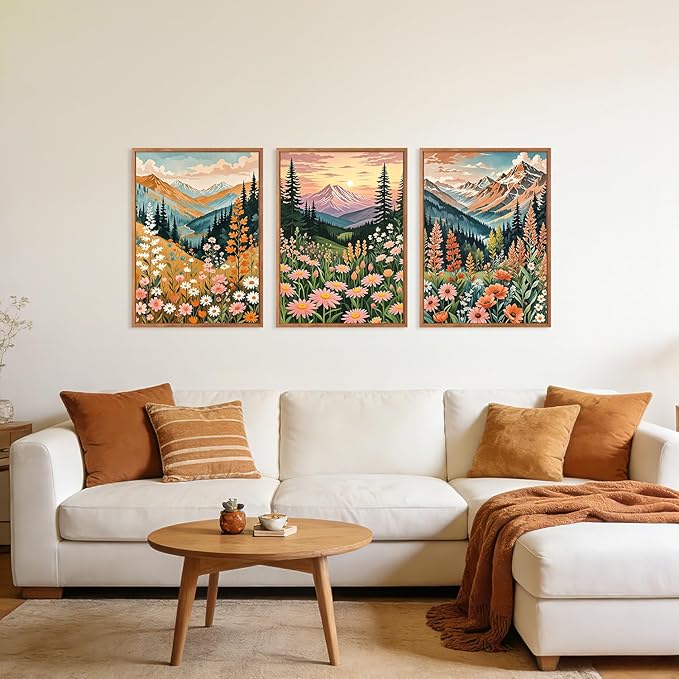 HPINUB Mountain Sunset Floral Framed Canvas Wall Art Set,(Set of 3,12X16 Inch) Colorful Wildflower Daisy Flower Wall Decor,Blossom Botanical Artwork Modern Nature Landscape Art Print for Living Room