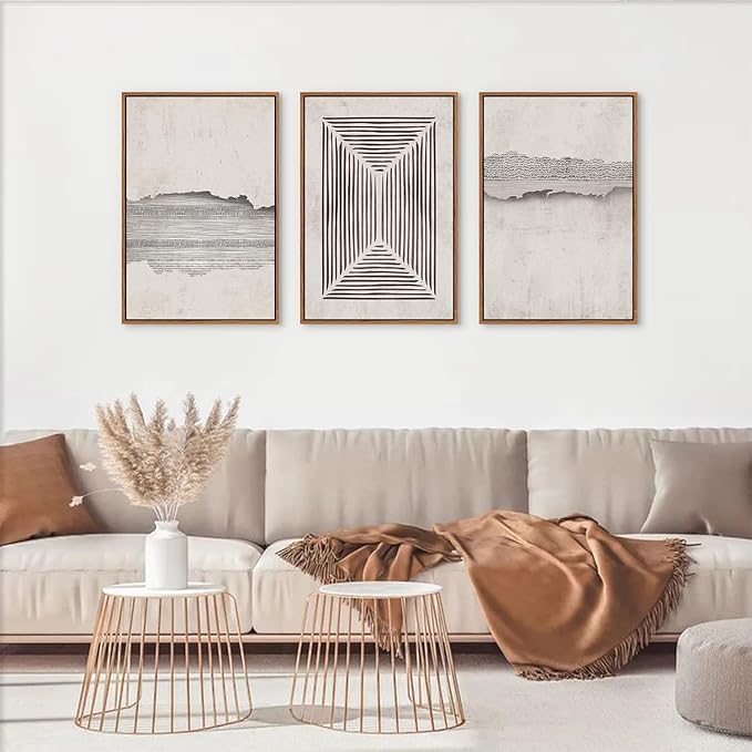 CHDITB Modern Abstract Canvas Wall Art, Neutral Framed Art Prints, Black Beige Large Wall Painting, Geometric Line Textured Minimalist Wall Decor for Living Room Bedroom Dining Room Office 24"x36"x3