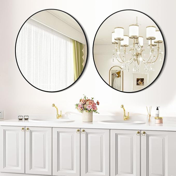 24 Inch Black Round Wall Mirror, Modern Metal Frame for Bathroom, Living Room, Bedroom Decor
