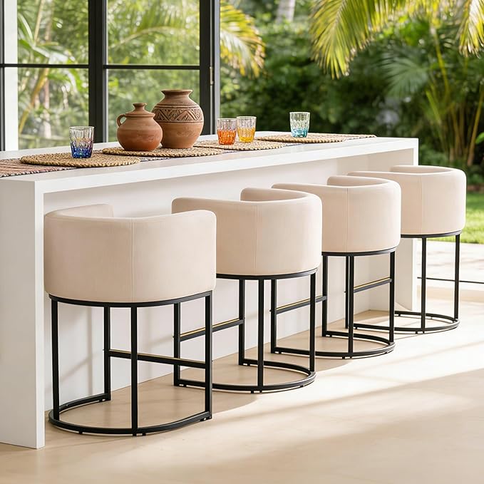 ClinQ 26" H Counter Height Bar Stools Set of 4, Modern Barrel Counter Stools with Backrest and Arms, Black Metal Frames, Linen Fabric Upholstered Accent Barstools for Kitchen Island,Linen Color