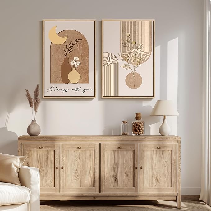 Framed Neutral Boho Wall Art for Bedroom, Set of 2 Modern Elegant Moon Canvas Prints, Mid Century Modern Minimalist Artwork for Living Room Hallway Office Kitchen Office Aesthetic Wall Decor, 20x30 In