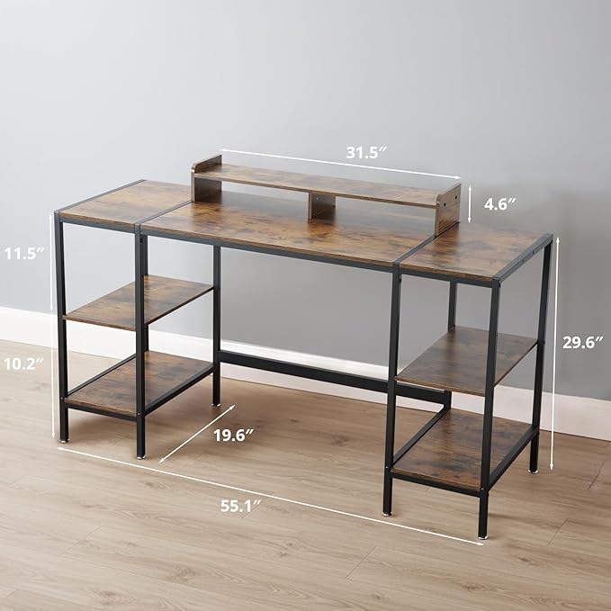 MINOSYS 55-inch Computer Desk with Storage Shelf - Vintage Ideal Gaming Desk for Bedrooms, Small Spaces, and Home Offices Modern Writing Desk for PCs.