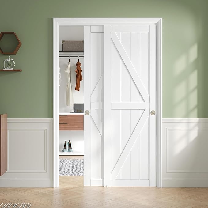 48x80in Sliding Closet Doors (Double 25in) White Bypass Closet Door,Easy Install Modern PVC Closet Doors with Hidden Track,Quiet Rollers,Solid Wood Core,Space Divider for Bedroom Wardrobe