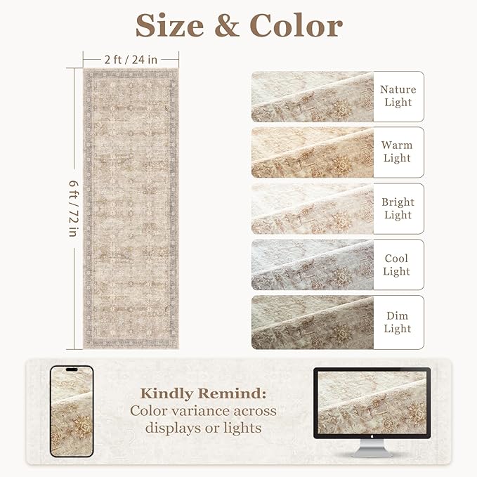 Beige Neutral 2x6 Runner Rug for Hallways Entryway, Vintage Earth Tone Kitchen Bathroom Runner 6ft, Non Slip Washable Low Pile Thin Carpet Runner for Mudroom/Laundry Room/Bedroom Bedside