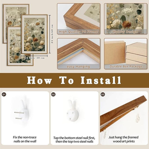 Anyzal Large Neutral Wildflower Framed Wall Art 16x24 Inch Vintage Classic Floral Canvas Wall Decor Mid-century Modern Botanical Art Prints for Living Room Bedroom Dining room