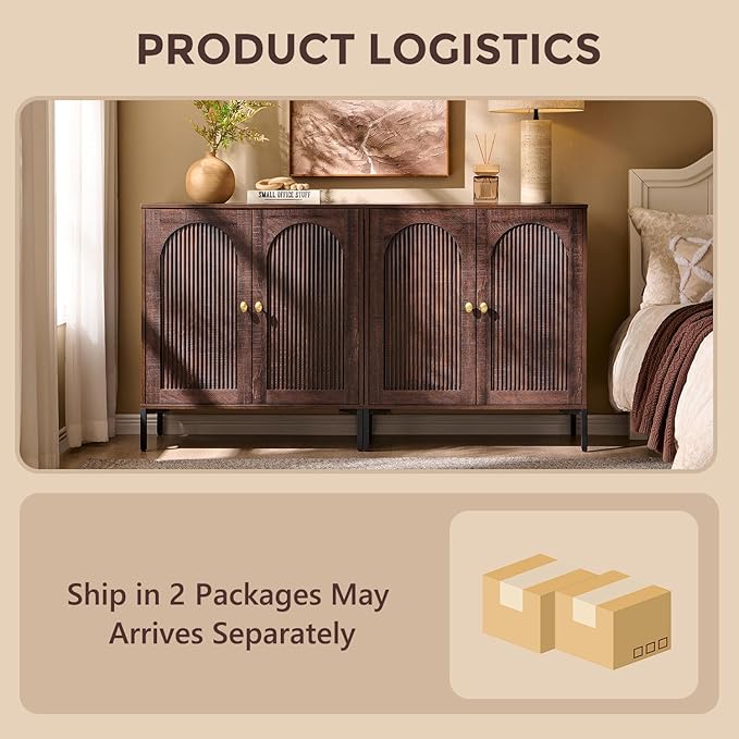 IFGET Modern Buffet Cabinet with Storage, 61.75" W Fluted Arched Sideboard Cabinet w/Adjustable Shelves, Wooden Modular Coffee Bar for Dining Room, Kitchen, Living Room, Entryway, Brown