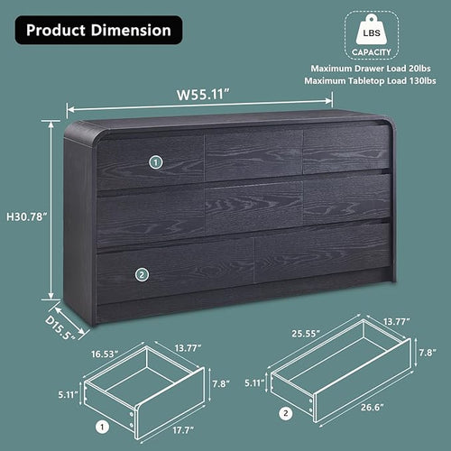 Aitjunz Modern 8 Drawers Dresser for Bedroom, 55" Wide Dressers & Chest of Drawers w/Curved Profile Design, Wood Mid Century Storage Dressers Organizer for Bedroom, Living Room, Black