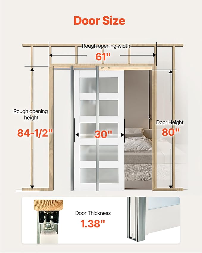 VEVOR Sliding Pocket Door, 30" x 80", 5-Lite Frosted Glass with Hardware Kit, Sturdy Solid Wood & MDF Pocket Doors Slab with Waterproof Surface, Pre-Drilled Doors Panel, Need to Assemble