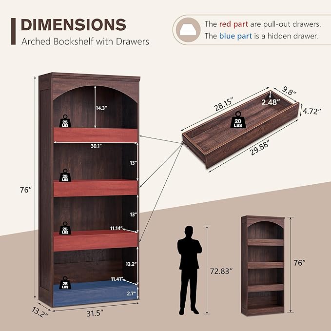 IFGET 76" Tall Arched Bookcase with 1PC Magnetic Lock Drawer, Modern Wooden Arch Bookshelf w/3 Pull-Out Drawers, Farmhouse 4 Tiers Book Shelf w/Open Shelves for Living Room, Office (Brown)