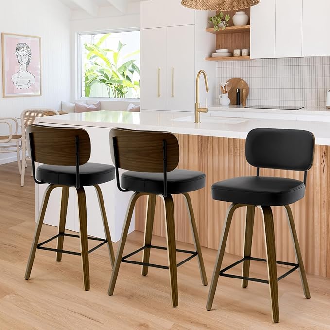 Bekrvio Swivel Counter Height Bar Stools Set of 4, 26" Upholstered Faux Leather Barstools with Back and Bent Wood Legs, Mid Century Modern Bar Chair Island Stool for Kitchen Counter, Black