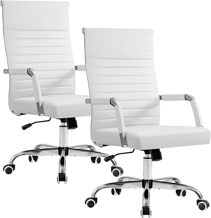 Furmax Ergonomic Office Desk Chair, Executive Ribbed Mid-Back PU Leather Conference Room Chair Adjustable Swivel Chair with Arms (2, White)