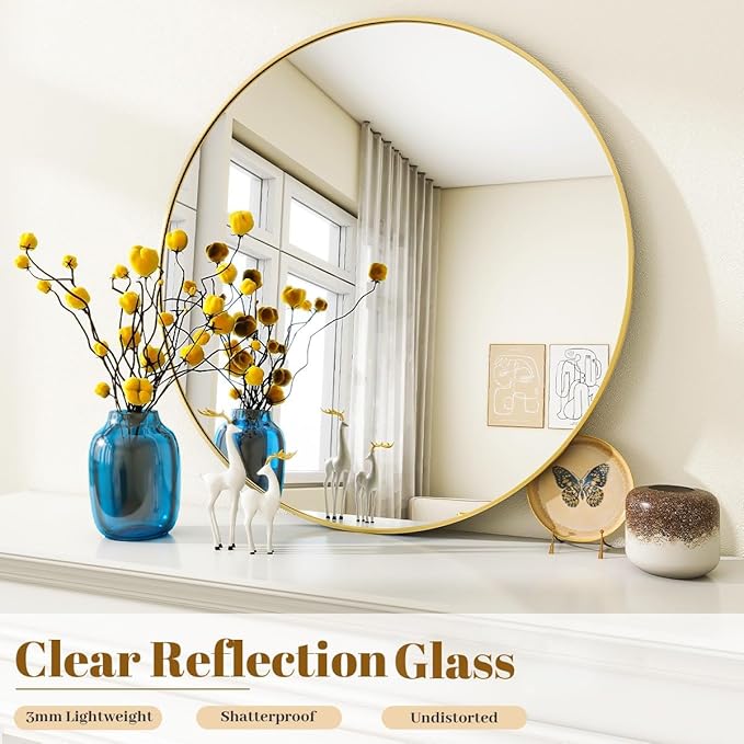 VooBang Gold Round Bathroom Mirror, 20 inch Circle Wall Mounted Hanging Mirror with Simple Modern Circular Metal Frame for Hallway, Entryway, Living Room, Gold Frame
