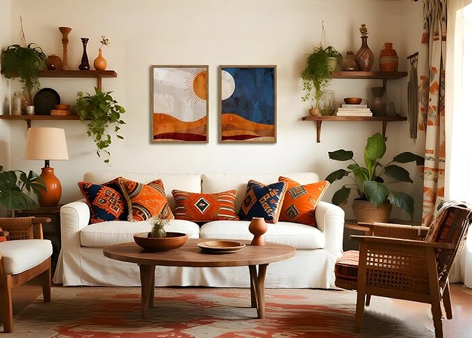 Framed Boho Sun and Moon Canvas Wall Art Set of 2, Vintage Western Desert Landscape Wall Decor Paintings, Mid Century Modern Abstract Pictures Prints Artwork for Living Room Bedroom Office 16x24 inch