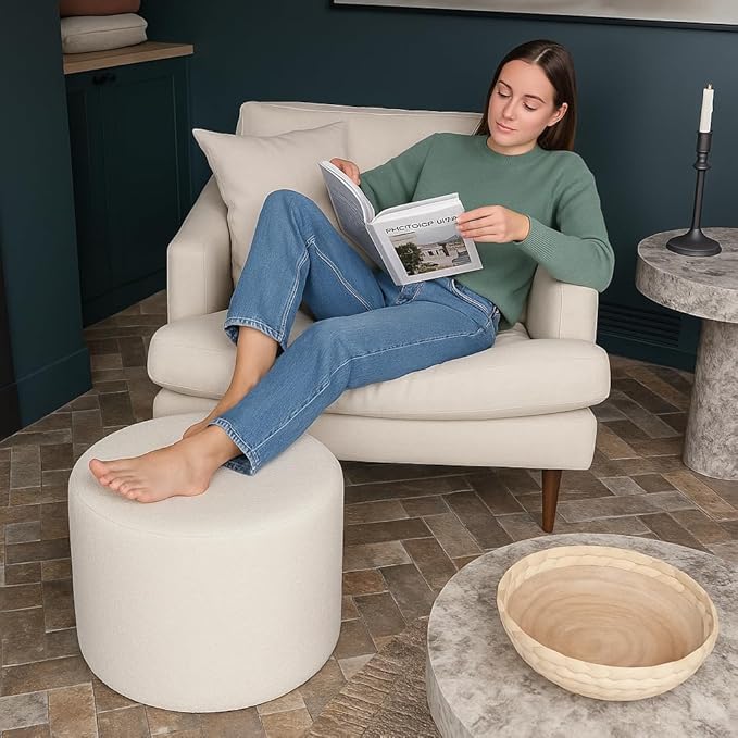 White Round Ottoman Foot Rest Stool – Clean Boucle Fabric Footstool with Soft Foam Filling, Lightweight Modern Pouf for Minimalist Living Room, Bedroom, Office – Pure White