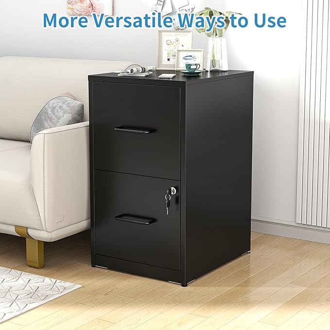 2 Drawer File Cabinet with Lock, Metal Vertical File Cabinets for Home Office, Office Furniture for Organization Hanging Legal/Letter/A4, Office File Cabinet Storage Cabinet, Require Assembly, Black
