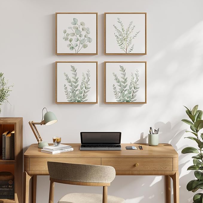 Framed Botanical Boho Wall Art, Set of 4 Piece Sage Green Plant Leaf Picture Artworks for Walls, Minimalist Canvas Painting Prints for Bathroom Washroom Living Room Bedroom Office Wall Decor, 12x12 In