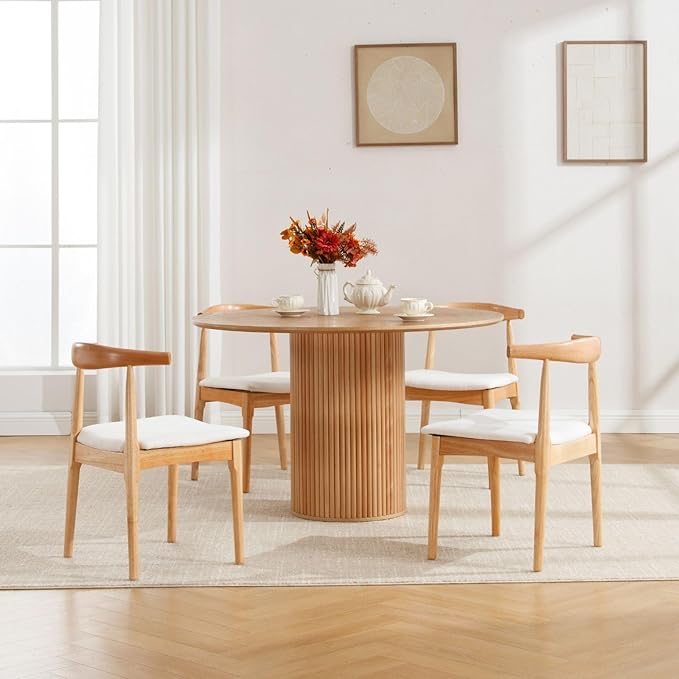 ROCITY Wood Dining Chairs Set of 4 Fabric Kitchen Chairs with Linen Cushion and Barrel Backs Mid Century Modern Dining Room Chairs Natural Wood