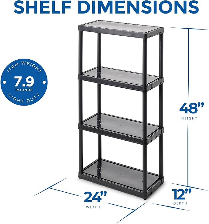 Gracious Living 4 Shelf Fixed Height Solid Light Duty Storage Unit 12 x 24 x 48 for Home, Garage, Basement, & Laundry, Black (2 Pack)