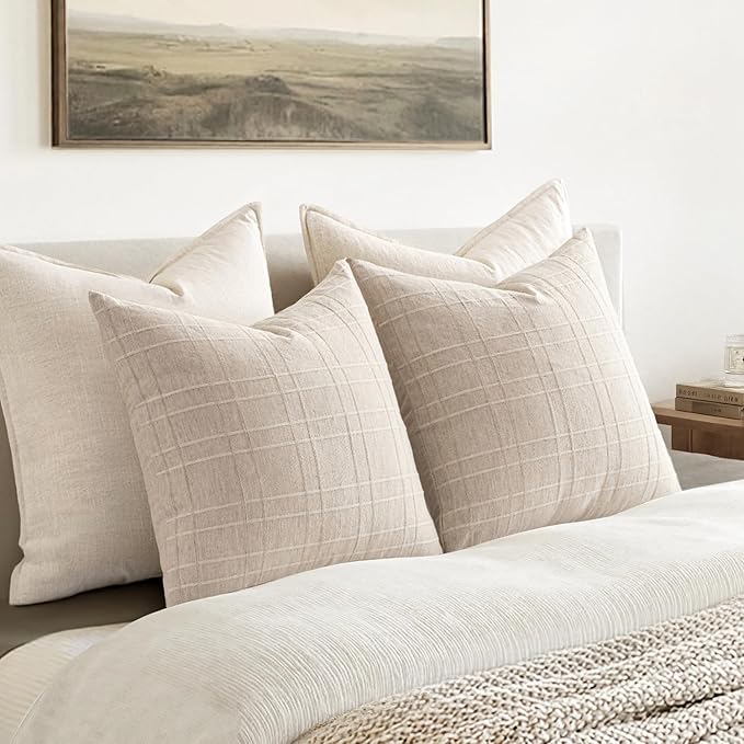 MIULEE Decorative Linen Check Euro Shams Throw Pillow Covers Neutral Farmhouse Vintage Pillow Covers 22x22 Set of 2 Boho Modern Home Decor for Sofa Couch Bedroom Cushion Natural Beige