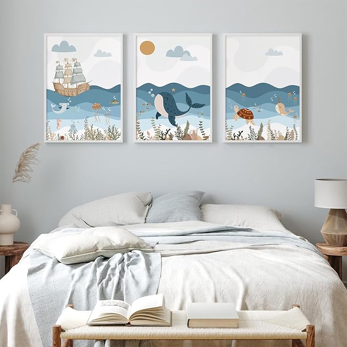 Ocean Nursery Wall Art Pictures Blue Nautical Canvas Art Beach Animal Wall Decor Baby Boys Room Wall Art Sea Whale Prints Ocean Nautical Poster for Nursery Baby Room 16x24 Inch Set of 3 Unframed