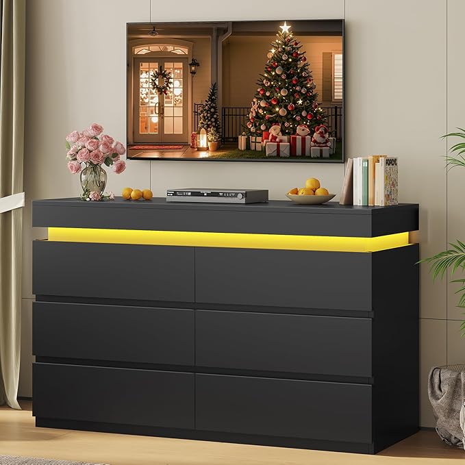 HAUOMS 6 Drawer Dresser with LED Light, Black Modern Chest of Drawers for Bedroom,Closet Dressers with Drawers for Living Room, Entryway, Hallway