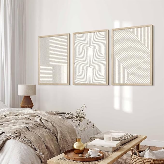Beige Abstract Wall Art Pictures Set of 3 Boho Modern Canvas Wall Decor Neutral Line Wall Art Minimalist Art Abstract Beige Prints Painting Modern Artwork for Living Room Bedroom 12x16 Inch FRAMED