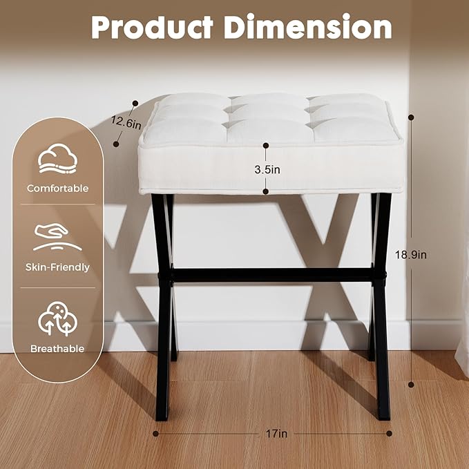 Modern Square Foot Stool Ottoman, Upholstered Vanity Chair with Metal X-Legs & Soft Linen Fabric - Versatile Seat and Footrest for Makeup, Living Room, Bedroom& Entryway(X-Black-White)