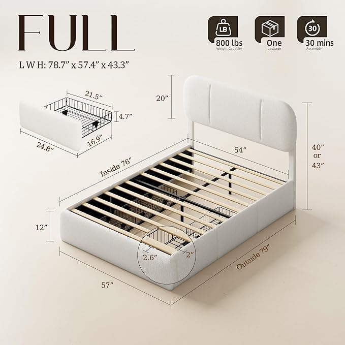 Full Size Bed Frame with Storage, Boucle Cloud Bed with 4 Locking Drawers & LED Lights, Modern Upholstered Platform Bed, Plush Sides & Footboard, Adjustable Headboard, No Box Spring, Cream