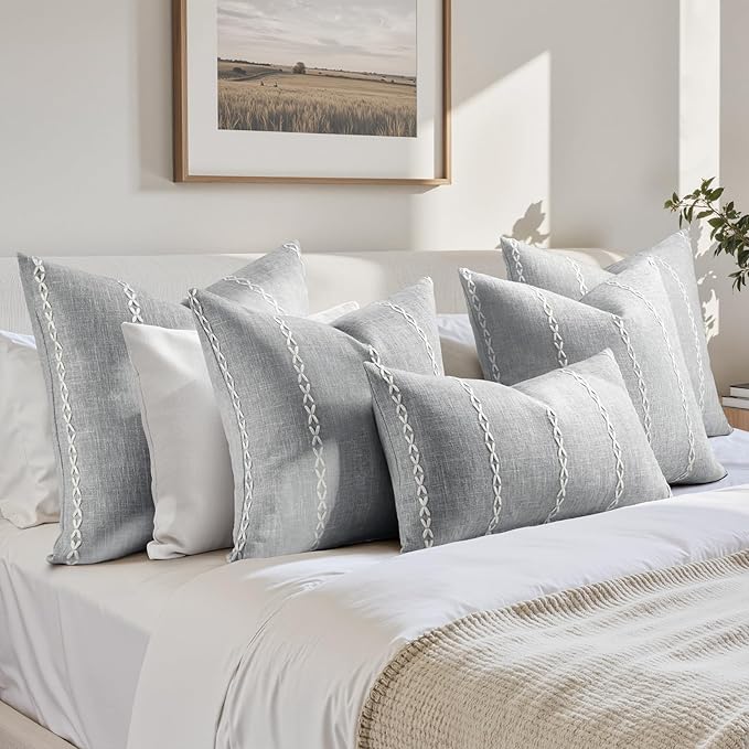 HOMEIDEAS Decorative Striped Throw Pillow Covers 18x18 Set of 2, Grey Farmhouse Pillow Covers, Neutral Faux Linen Cushion Covers for Couch Sofa Bed Home Decor