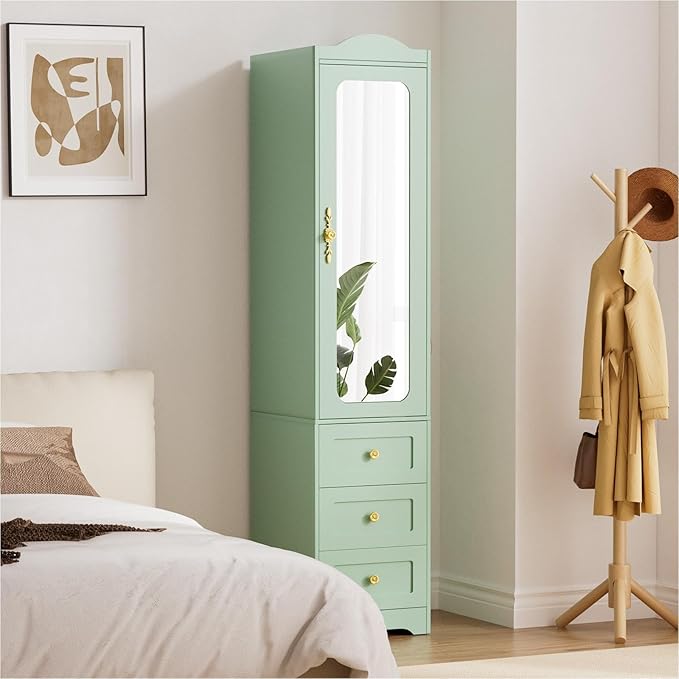 Armoire Wardrobe Closet, 69.5" H Wood Bedroom Armoires Cabinet with Mirror Door and 3 Drawers, Green Clothing Storage Cabinet with Hanging Rod & Sensor Light for Bedroom-Right
