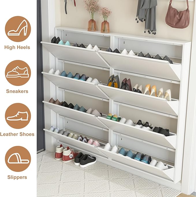 LUCYPAL Shoe Cabinet for Entryway,White Narrow Shoe Storage Cabinet with 4 Flip Drawers,Metal Slim Wall Mounted Shoe Cabinet for Entryway,Hallway,Living Room,White