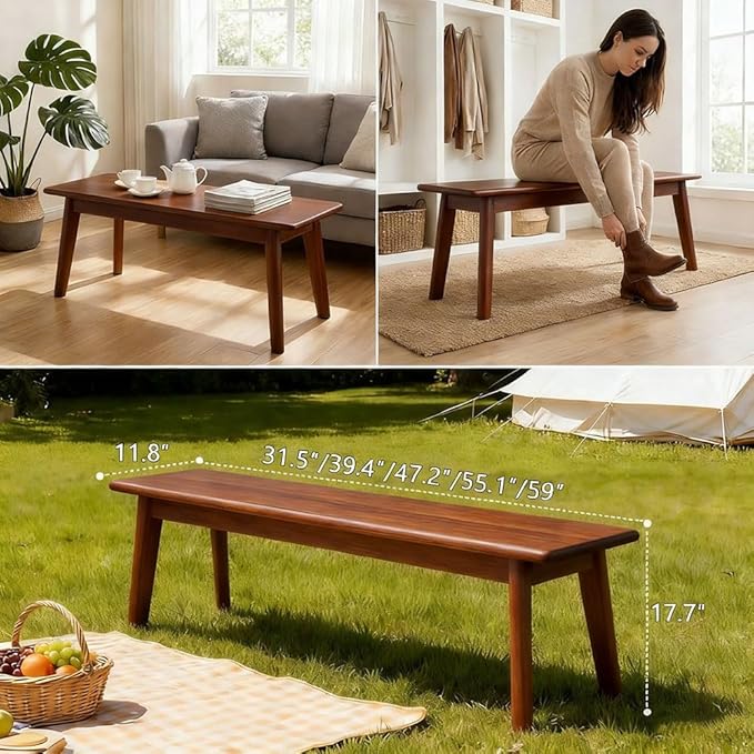Solid Wood Farmhouse Bench 31.5"/39.4"/47.2"/55.1"/59" Skinny Bench Rustic Long Entryway Bench, Heavy Duty, Durable ＆ Easy Assembly, For Hallway, Kitchen, Bedroom, Dining(Walnut,31.5"x11.8"x17.7")