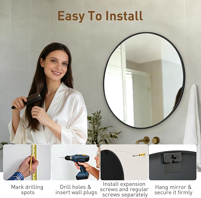 NEWBULIG 28 Inch Round Wall Mirror, Bathroom Mirror for Over Sink, Matte Metal Framed Circle Vanity Mirror, Wall Decor for Bedroom, Entryway, Anti-Rust, Tempered Glass, Hanging or Leaning,Black