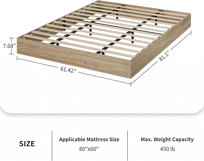 Garvee Queen Size Solid Wood Platform Bed with Sturdy Wooden Slats, Floor-Standing Bed Frame, Modern Minimalist Design Bed Frame, No Box Spring Needed, Space Saver, Easy Assembly, Golden Tan Wood