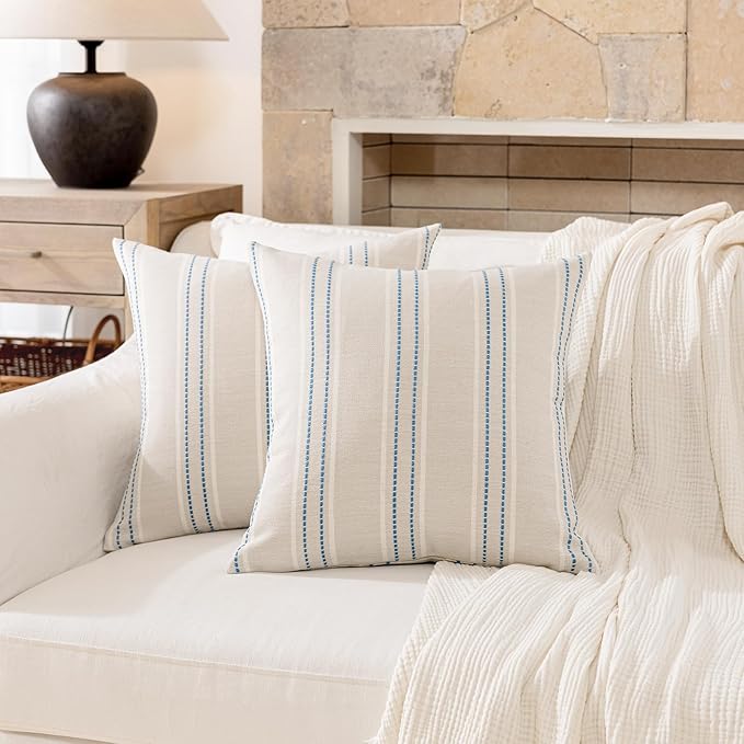 Hckot Throw Pillow Covers 20x20 Set of 2 Blue Pillow Covers Farmhouse Decorative Pillows Textured Linen Square Cushion Covers for Sofa Couch Bed Living Room Decor(Lake Blue)