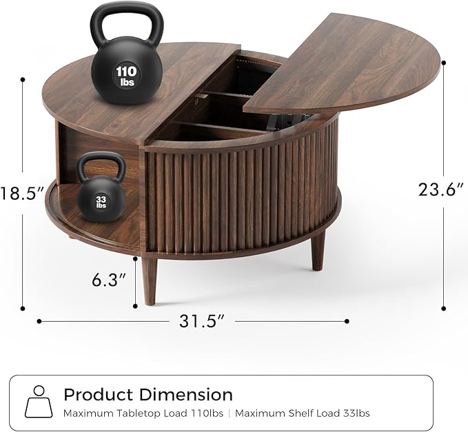 Lift Top Coffee Table with Storage, Fluted Round Center Table with Sliding Cabinet Door, Small Circle Table for Living Room, Walnut