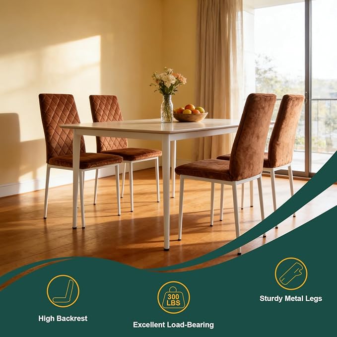 Dining Chairs Set of 2, Velvet Comfortable Seats, Mid-Century Modern Living Room Chairs, Upholstered Kitchen Chairs with Mental Legs and Padded Seat for Bedroom Office Easy Assembly, Brown